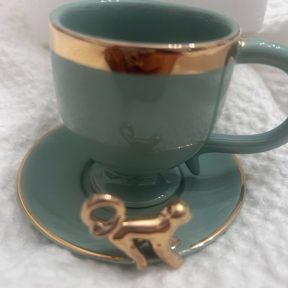 Elegant Anthropologie Teal and Gold Teacup with Saucer
